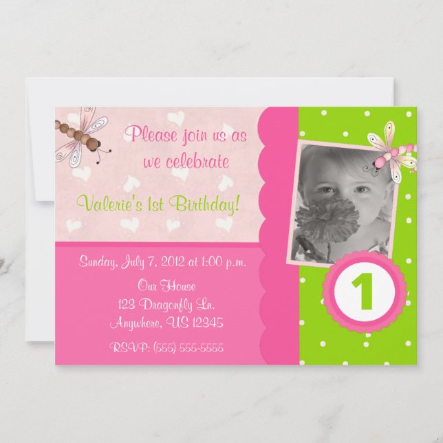 Pink and Green Dragonfly Girls Birthday Invitation (Front)