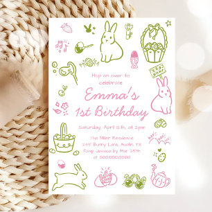 Pink and Green Easter 1st Birthday Invitation