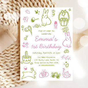 Pink and Green Easter 1st Birthday Invitation