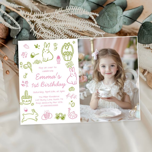 Pink and Green Easter 1st Birthday Photo Invitation (Creator Uploaded)