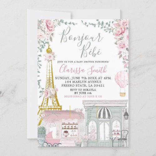 Pink and Green Eiffel French Bebe baby Shower Invitation