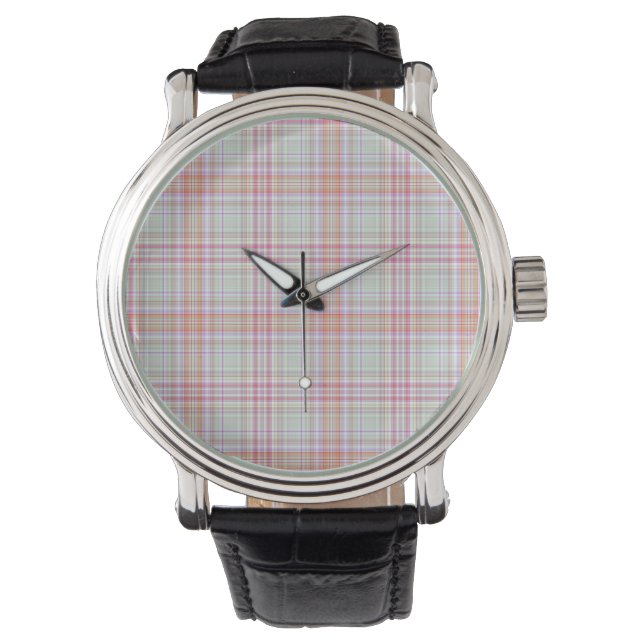 Pink and Green Elegant Geometric Classic Plaid Art Watch (Front)