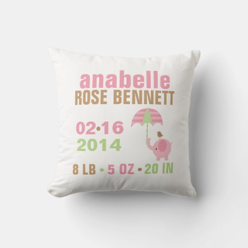 Pink and Green Elephant Baby Birth Announcement Throw Pillow