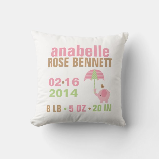 Pink and Green Elephant Baby Birth Announcement Throw Pillow (Front)