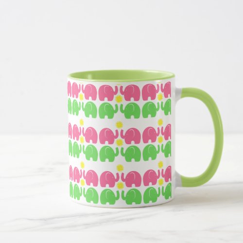 Pink and Green Elephants with Flower Mug