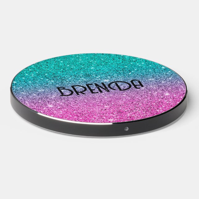 Pink and green faux glitter background wireless charger  (Front 2)