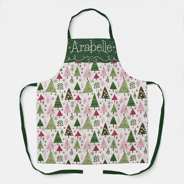 Pink and Green Festive Holiday Trees Apron (Front)