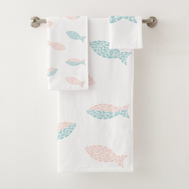 Pink and green fish bath towel set (Insitu)