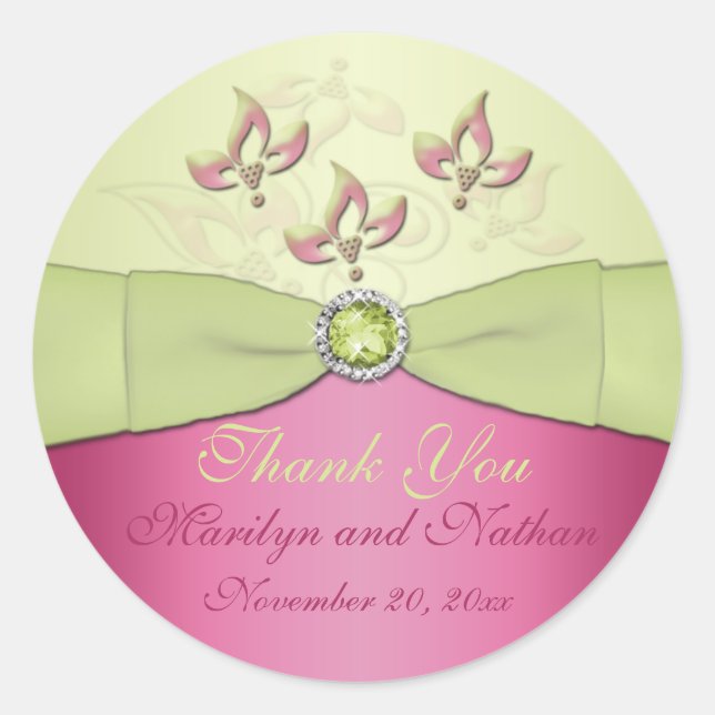Pink and Green Floral 3" Round Thank You Sticker (Front)