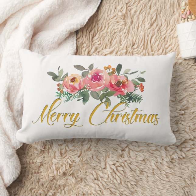 Pink and Green Floral Add Name Merry Christmas Lumbar Pillow (Blanket)