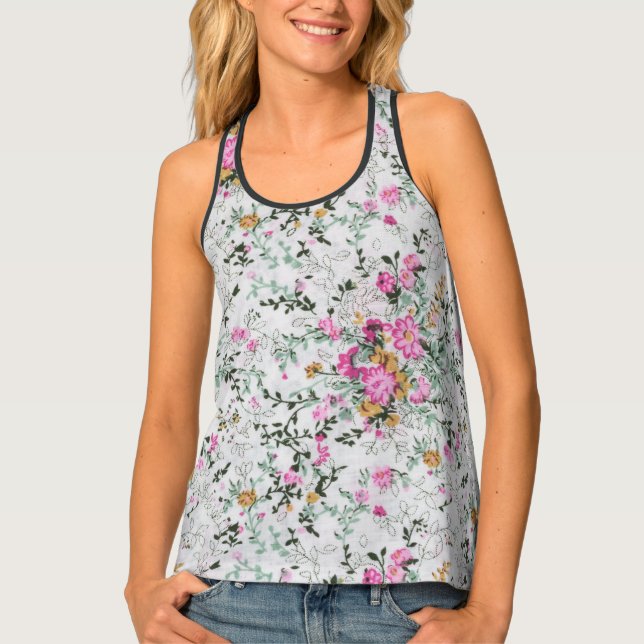 Pink and green floral artistic design  tank top (Front)