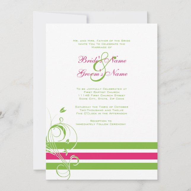 Pink and Green Floral Bars Wedding Invitation (Front)
