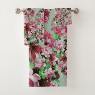 Pink And Green Floral Bath Towel Set