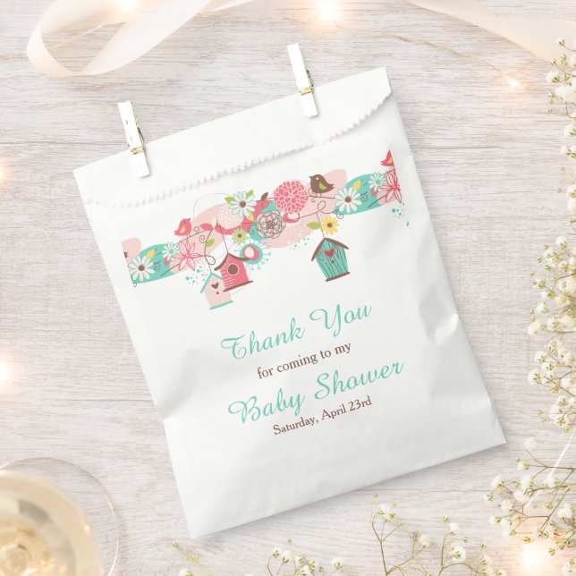 Pink and Green Floral Bird Cages Baby Shower Favor Bag (Clipped)