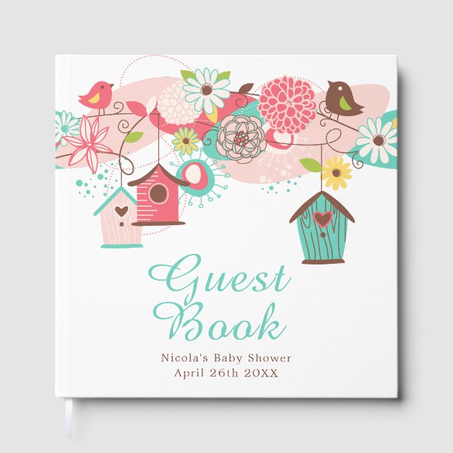 Pink and Green Floral Bird Cages Baby Shower Guest Book (Front)