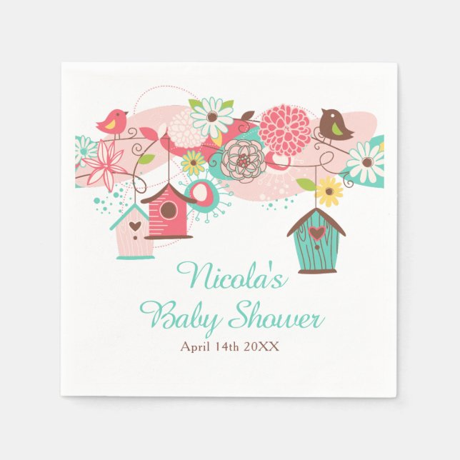 Pink and Green Floral Bird Cages Baby Shower Napkins (Front)