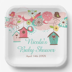 Pink and Green Floral Bird Cages Baby Shower Paper Plates
