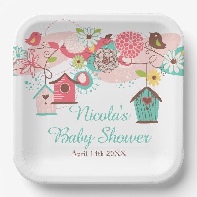 Pink and Green Floral Bird Cages Baby Shower Paper Plates (Front)