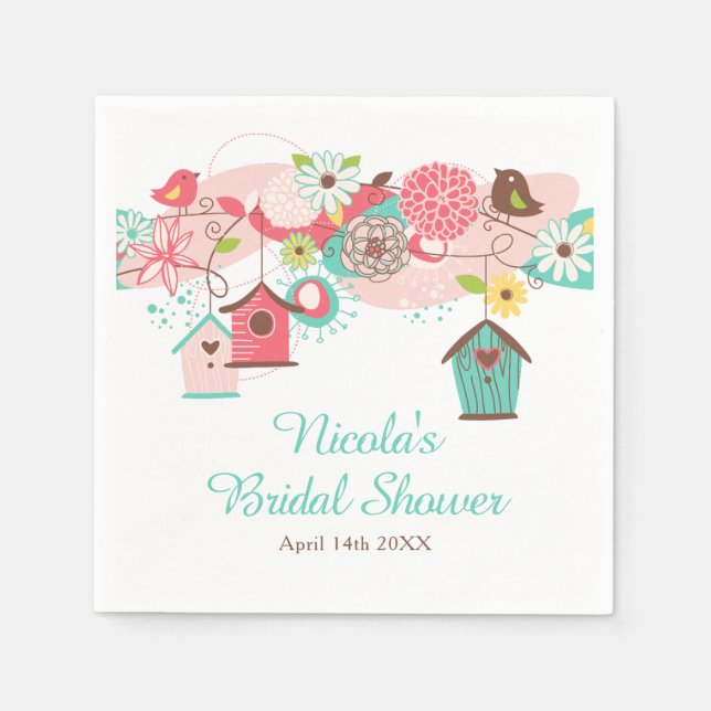 Pink and Green Floral Bird Cages Bridal Shower Napkins (Front)