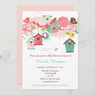 Pink and Green Floral Bird Houses Baby Shower Invitation
