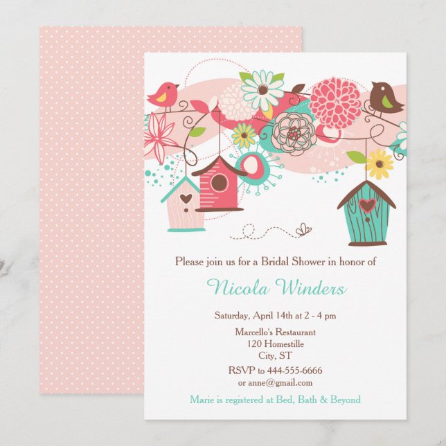 Pink and Green Floral Bird Houses Bridal Shower Invitation (Front/Back)