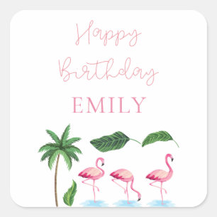 Pink and green Floral Birthday Square Sticker