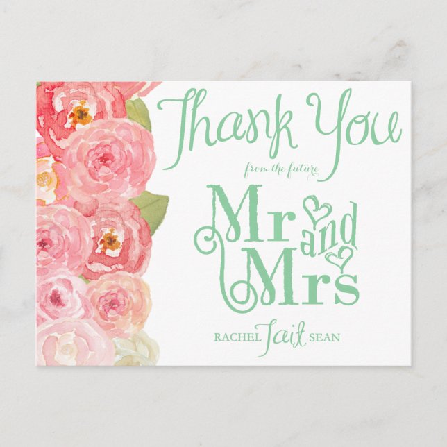 Pink and Green Floral Bridal Shower Thank You Postcard (Front)