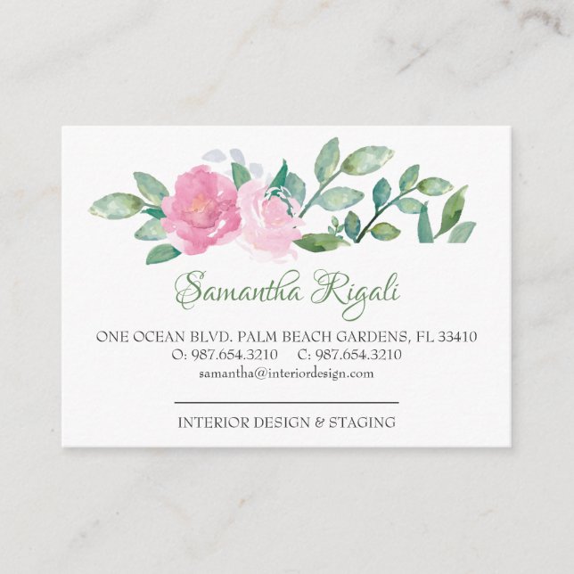 Pink and Green Floral Business Cards (Front)