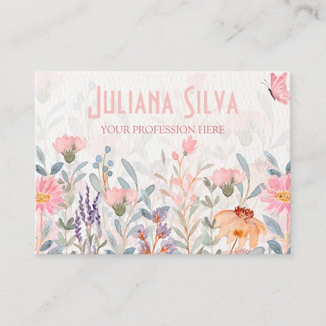Pink and Green Floral Butterfly  Business Card (Front)