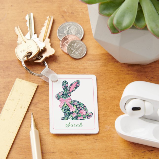 Pink and Green Floral Chinoiserie Bunny With Bow Keychain (Desk)