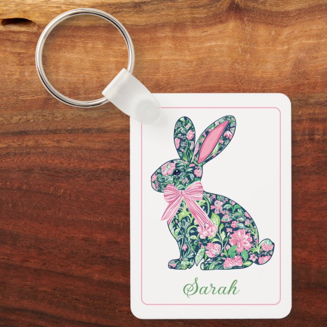Pink and Green Floral Chinoiserie Bunny With Bow Keychain (Front)