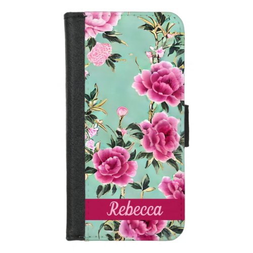 Pink and Green Floral Chinoiserie iPhone 87 Wallet Case