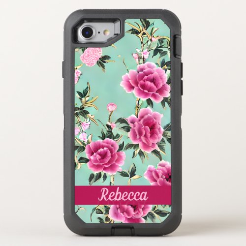 Pink and Green Floral Chinoiserie OtterBox Defender iPhone SE87 Case