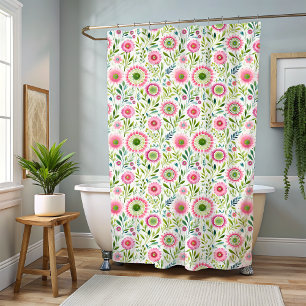Pink and Green Floral Cottagecore Shower Curtain