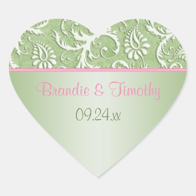 Pink and Green Floral Damask 1.5" Heart Sticker (Front)