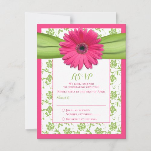 Pink and Green Floral Damask Wedding Reply Card Custom Invites