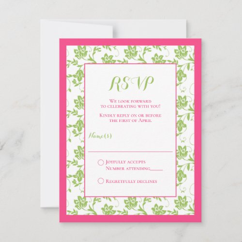 Pink and Green Floral Damask Wedding Reply Card