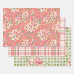 Pink and Green floral design wrapping paper sheets