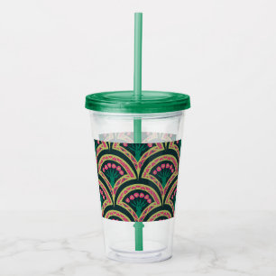 Pink and Green Floral Fan Pattern Acrylic Tumbler