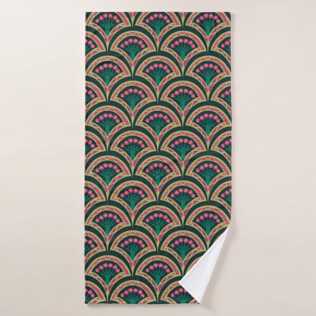 Pink and Green Floral Fan Pattern Bath Towel (Bath Towel)