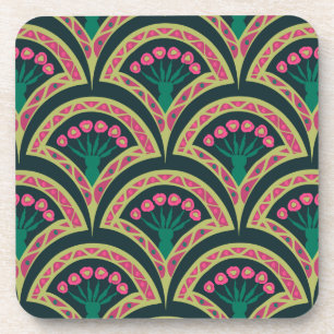 Pink and Green Floral Fan Pattern Beverage Coaster