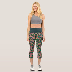 Pink and Green Floral Fan Pattern Capri Leggings