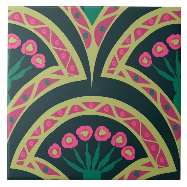 Pink and Green Floral Fan Pattern Ceramic Tile (Front)
