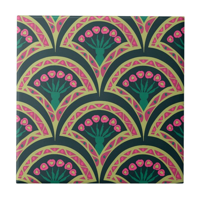 Pink and Green Floral Fan Pattern Ceramic Tile (Front)