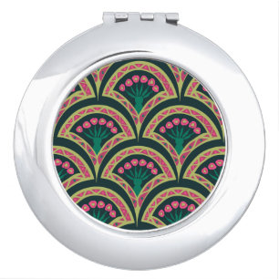 Pink and Green Floral Fan Pattern Compact Mirror