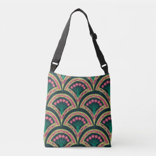 Pink and Green Floral Fan Pattern Crossbody Bag