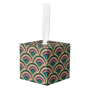 Pink and Green Floral Fan Pattern Cube Ornament