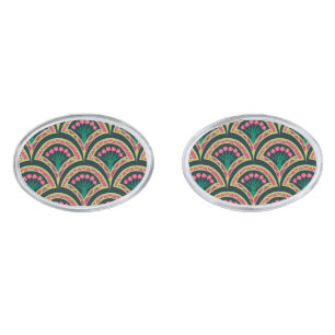 Pink and Green Floral Fan Pattern Cufflinks