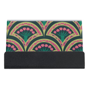 Pink and Green Floral Fan Pattern Desk Business Card Holder