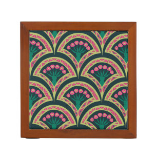 Pink and Green Floral Fan Pattern Desk Organizer